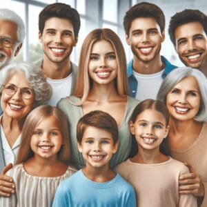Three generations of a family smiling in their living room