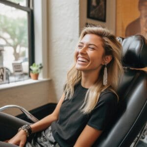 Young blonde woman laughing in dental chair