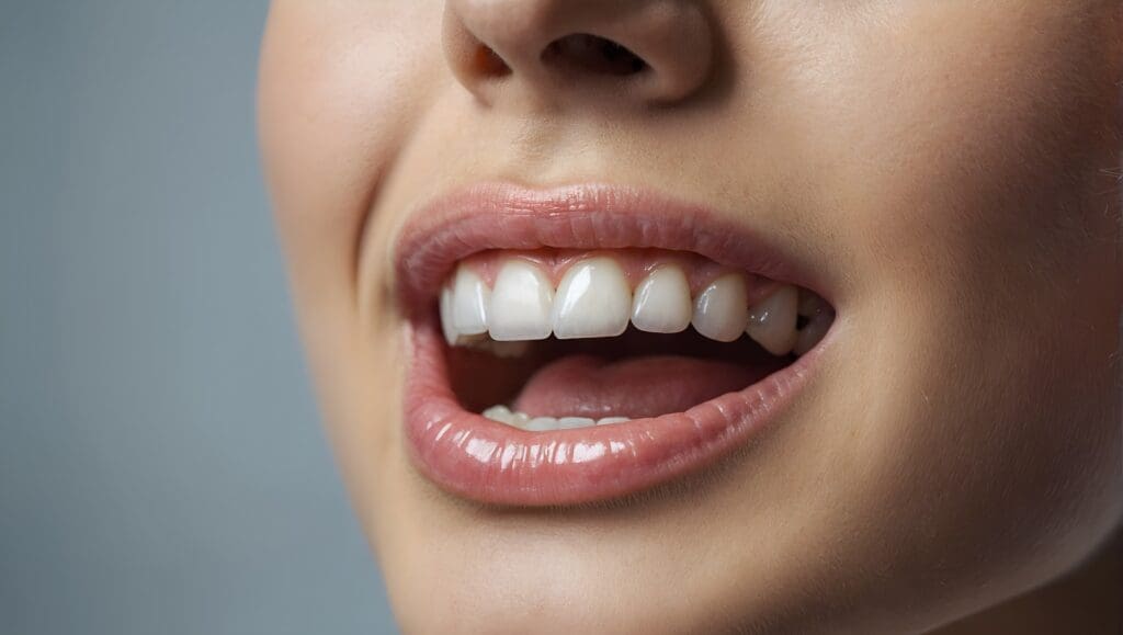 Close up of a person smiling with flawless straight white teeth