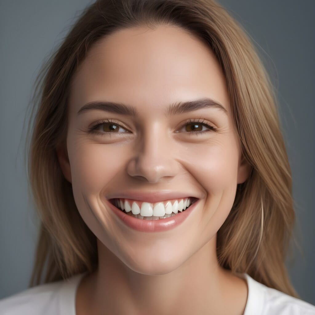 Brunette woman smiling with dental crowns in Northampton