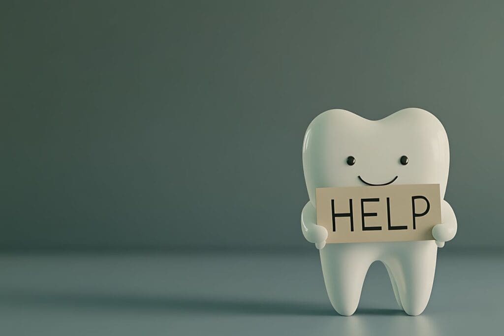 An AI image of a tooth holding a help sign