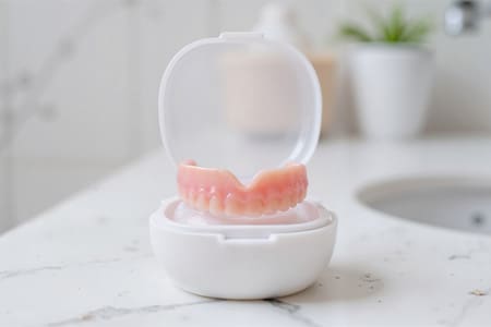 Dentures sitting in protective case.