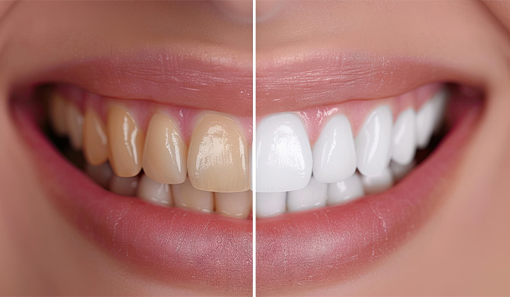 Up-close view of stained and brighter teeth.
