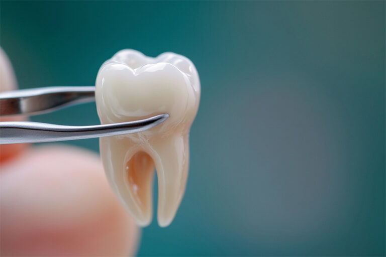 A pair of dental pliers holding a tooth.